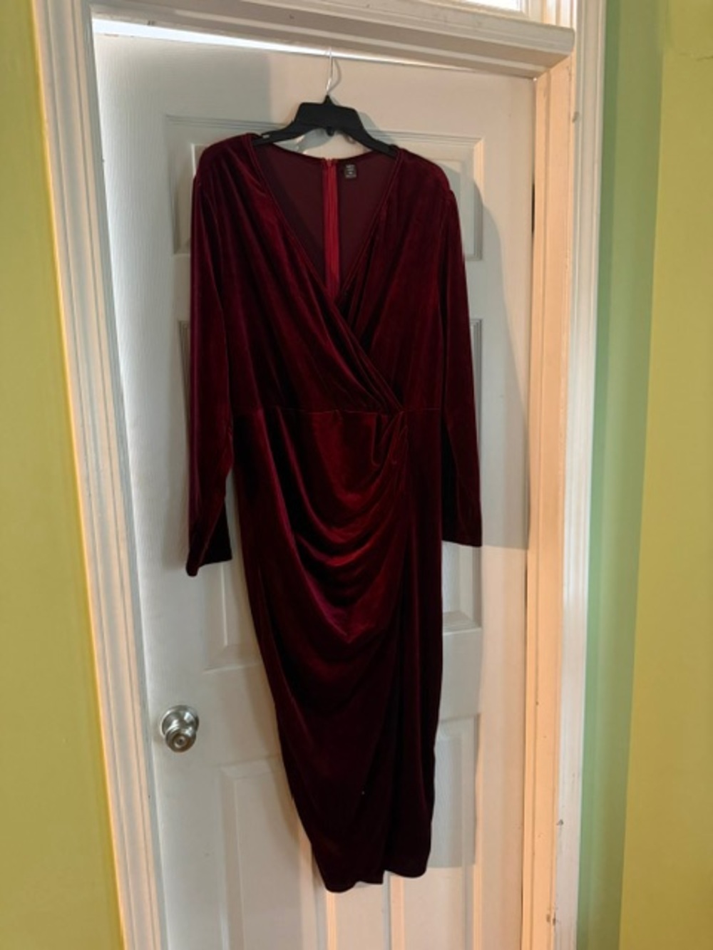 SHEIN Burgundy Velvet Wrap Midi Dress with Long Sleeves